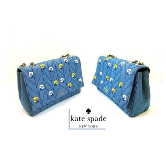 Kate Spade Emelyn Briar Lane Quilted Blue Denim 3D Flowers Shoulder Purs… - Picture 3 of 12